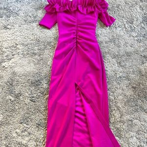 Prom formal dress Xscape Ruffle Off-the-Shoulder Slit Ruched Crepe Gown hot pink